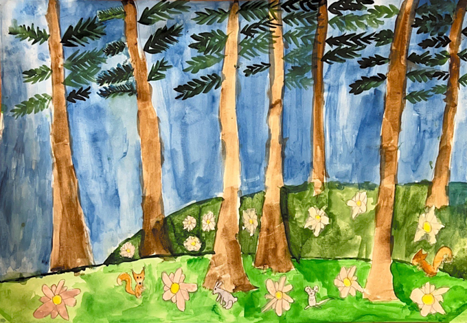 LKuvataidekoulussa tehty maalaus, jossa puita, kukkia ja metsänasukkeja.