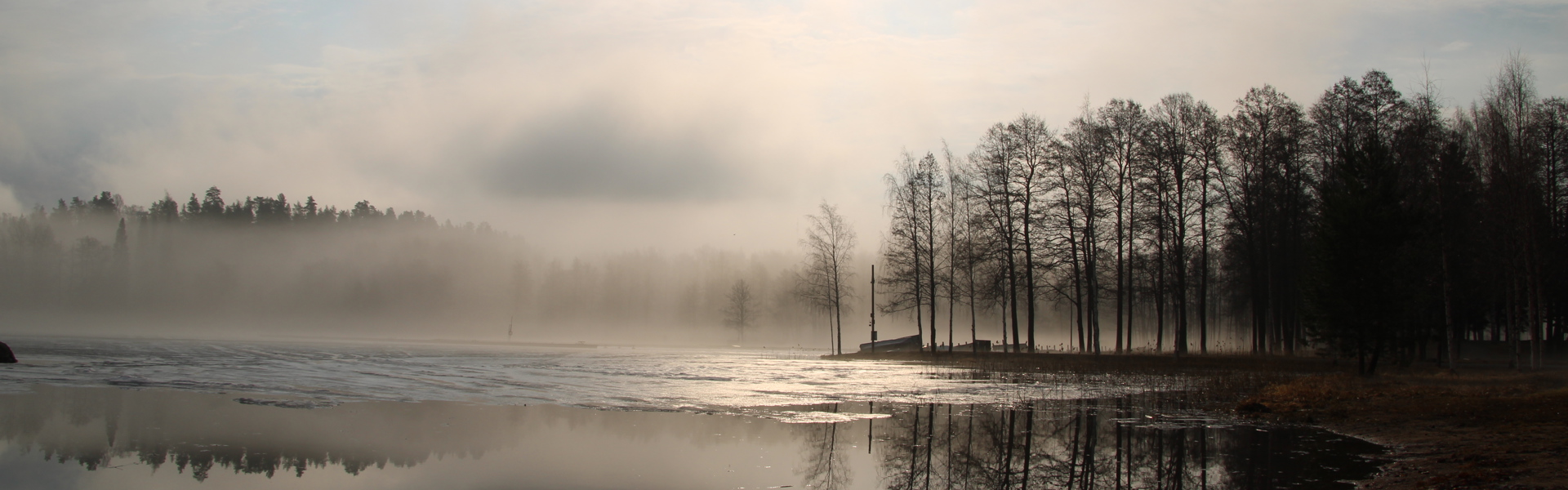 Kuvassa aamu-usva nousee Olkkolan rannalla.