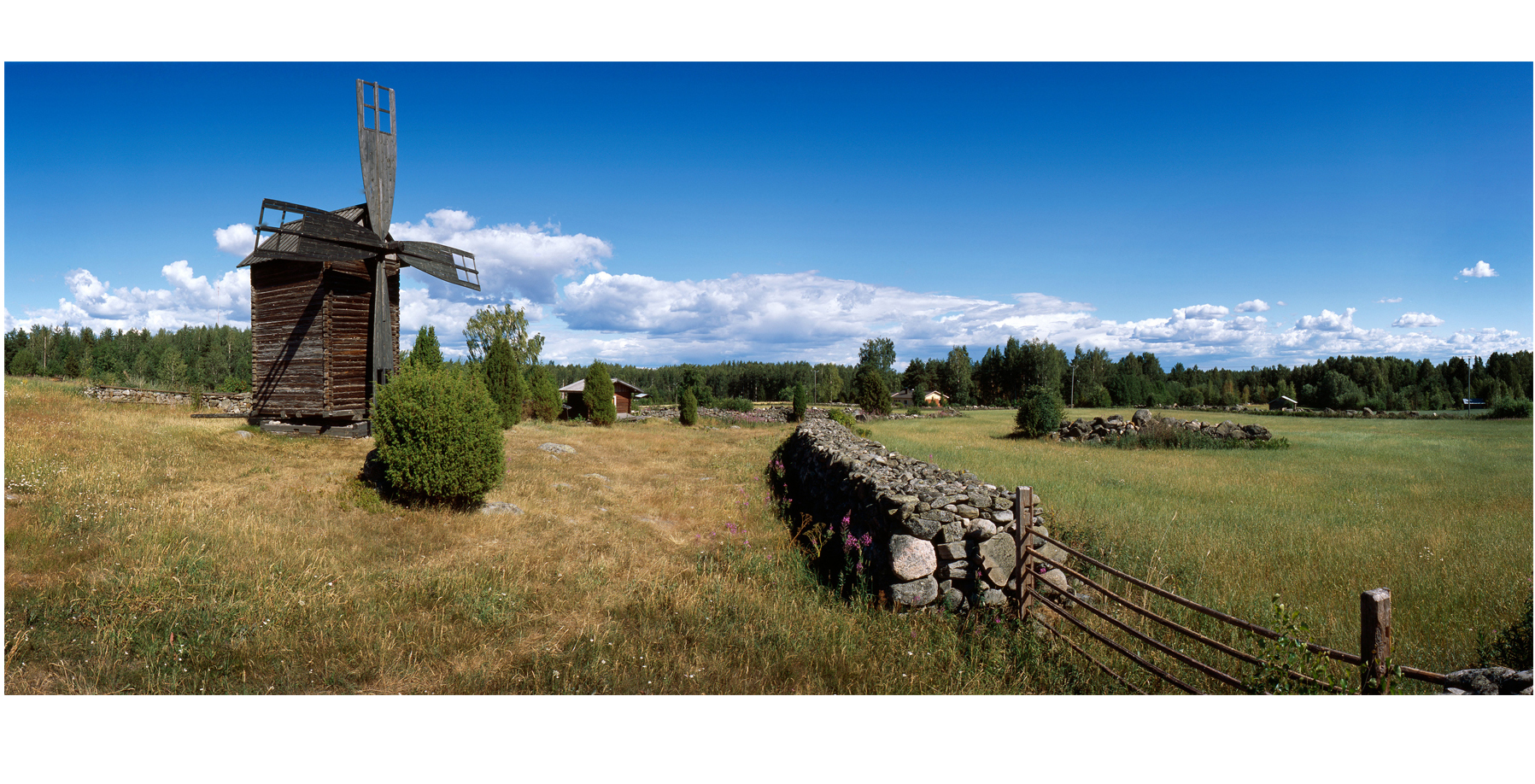 Kuvassa Rahikkalan tuulimylly kesäisessä peltomaisemassa.